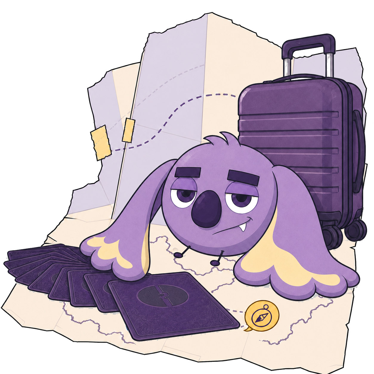 Meh Q with a suitcase and cards, standing on the Homesick China map